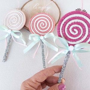 Glitter Lollipop Ornament: Pink Rhinestone Candy Christmas Tree Decor, Handmade Xmas Gift