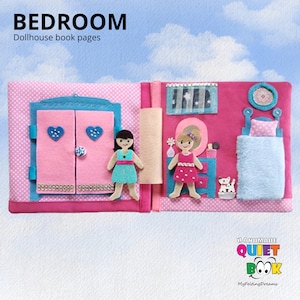 Personalized, Custom Dollhouse book, handmade book with child name on the cover, and custom dolls to play with. Activity pages: Bedroom, Laundry room, Bathroom, Kitchen, Babycare, Garden, Nursing room. Unique gift for girls. Playing with dolls. Gift.