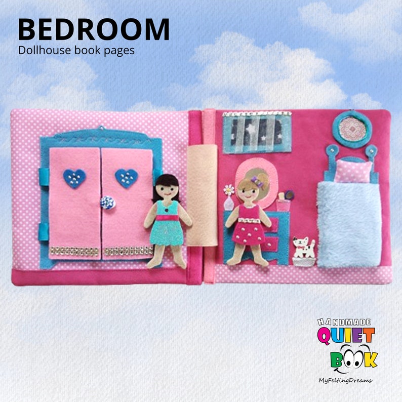 Personalized, Custom Dollhouse book, handmade book with child name on the cover, and custom dolls to play with. Activity pages: Bedroom, Laundry room, Bathroom, Kitchen, Babycare, Garden, Nursing room. Unique gift for girls. Playing with dolls. Gift.