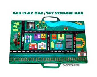 Travel Playmat Car City Road Train Boat 40&quot;x24&quot; Fold-Up Play Mat On-The-Go Portable Travel Toy Busy Bag, Personalized Handmade Gift for Kids