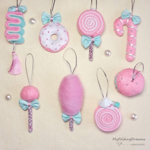 Pastel Pink Candy Ornaments: Cotton Candy, Lollipop, Cake Pop, Candy Cane, Macaron, Donut, Ribbon Candy, Roll Cake | Handmade Christmas Gift