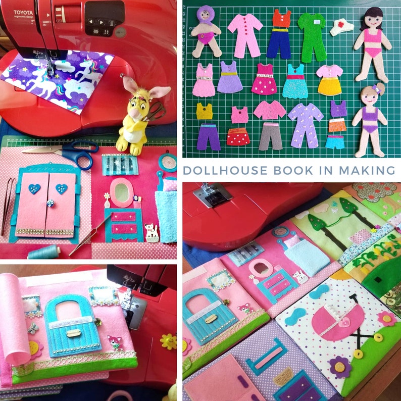 Personalized, Custom Dollhouse book, handmade book with child name on the cover, and custom dolls to play with. Activity pages: Bedroom, Laundry room, Bathroom, Kitchen, Babycare, Garden, Nursing room. Unique gift for girls. Playing with dolls. Gift.