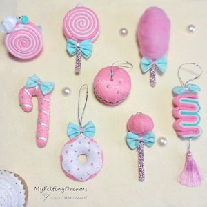 Choose 3 Pink Candy Christmas Ornaments: Cotton Candy, Lollipop, Cake Pop, Candy Cane, Macaron, Donut, Ribbon Candy, Roll Cake – Custom Set