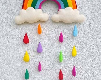 Large Rainbow Wall Hanging Decor 30" (75 cm) Rainbow Clouds and 14 Colorful Raindrops, Kids Room Decor, Nursery Mobile, Unique Handmade Gift