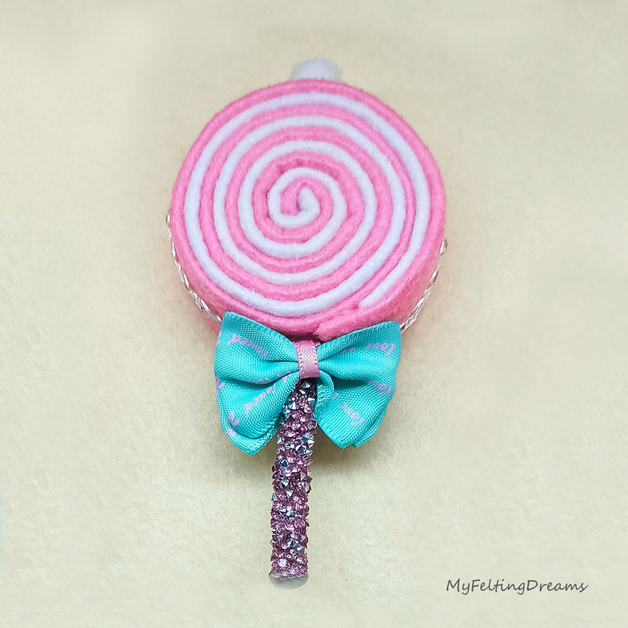 Pink Faux Lollipop - Choose: Rhinestones Candy Ornament, Lollipop Brooch, Magnet, Charm or Decor | Shiny Pastel Felt Lollipop, Handmade Gift
