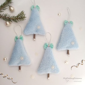 Pastel Christmas Tree Ornaments Set of 4, Handmade Xmas Decor in Soft Pink & Baby Blue, Rustic Wood Accent, Winter Holiday Christmas Gifts