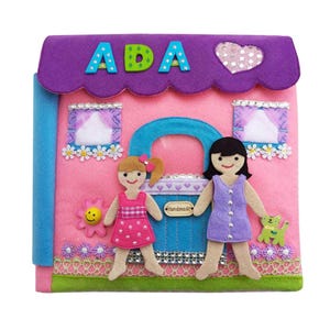 Custom Dollhouse Quiet Book - 2 Felt Doll, Bedroom, Bathroom, Kitchen, Playground, Laundry, Nursing, Baby Care - Personalized Gift for Girls