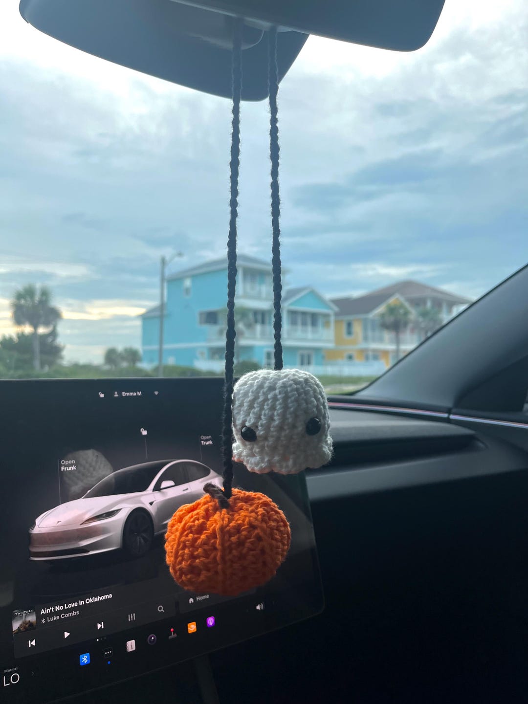 Crochet Ghost and Pumpkin Car Hanger: Spooky Halloween Rearview Mirror ...