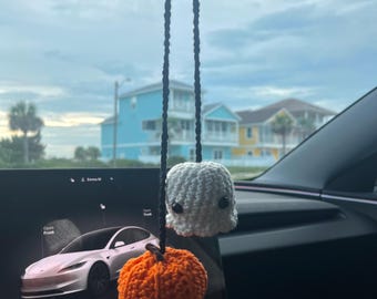 Crochet Ghost and Pumpkin Car Hanger: Spooky Halloween Rearview Mirror Charm