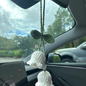 Crochet Lily of the Valley Rearview Mirror Charm – Cottagecore Floral Car Decor