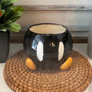 May include: A black ceramic planter shaped like a cartoon bomb, with white accents and orange feet, sits on a woven mat. The planter is surrounded by greenery and a sign that reads "TOADSTOOL CERAMICS".