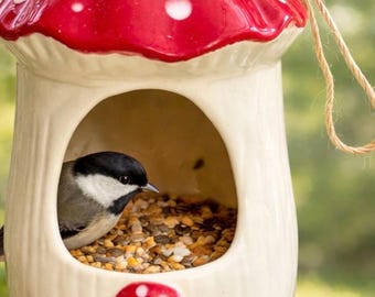 Mushroom Bird Feeder Handmade Ceramic | Cottagecore Garden Decor | Whimsical Outdoor Bird Feeder | Unique Yard Art | Multi Use Pottery