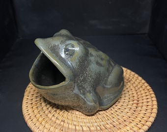 Estropajo de cerámica con forma de rana sapo moteada: decoración verde hecha a mano