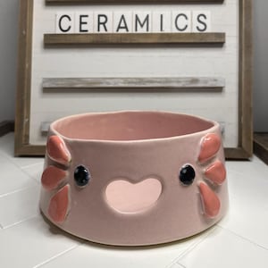 May include: A pink ceramic pet bowl with a heart-shaped cutout and a whimsical face. The bowl has two black eyes, a pink heart nose, and pink flower-shaped accents around the rim.