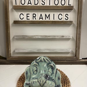 May include: A ceramic dog face sculpture in shades of blue and green, resting on a woven mat. The sculpture is in front of a wooden framed sign that reads "TOADSTOOL CERAMICS" in black letters on white tiles.