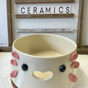 Può includere: Scodella in ceramica bianca con un viso fantasioso, con accenti rosa e occhi neri. La ciotola ha un ritaglio a forma di cuore e poggia su una base intrecciata. La ciotola è etichettata "Toadstool Ceramics".