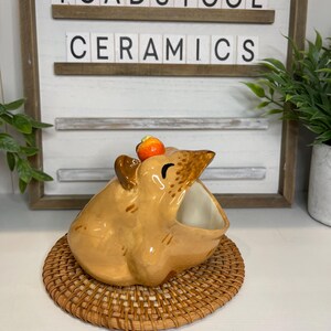 Può includere: Una fioriera in ceramica a forma di rana nei toni del beige e del marrone, con un piccolo frutto arancione sulla testa. La fioriera è appoggiata su un sottobicchiere intrecciato. Il testo "TOADSTOOL CERAMICS" è visualizzato sopra.