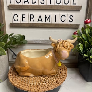 May include: A brown and white ceramic Highland cow planter with a yellow bell. The planter is sitting on a woven wicker coaster. The planter has a small opening at the top for planting.