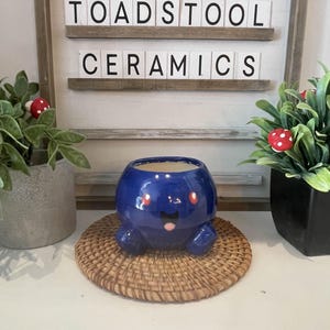 Puede incluir: Una maceta de cerámica azul cobalto caprichosa con una cara sonriente, colocada sobre una estera tejida. La maceta tiene pequeños pies y detalles rojos para los ojos. El letrero detrás dice "TOADSTOOL CERAMICS". Plantas decorativas con detalles de hongos flanquean la maceta.