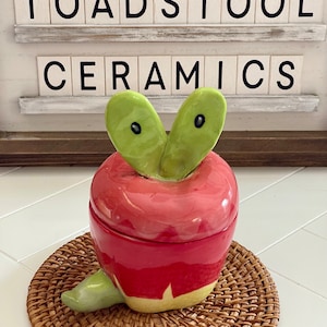 Puede incluir: Un recipiente de cerámica con forma de manzana con un diseño de tallo y hojas verdes. El recipiente es rojo con detalles amarillos y se encuentra sobre una estera tejida. El texto "TOADSTOOL CERAMICS" se muestra en el fondo.