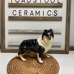 Può includere: Figurina in ceramica nera e bianca di un cane Collie in piedi su un sottobicchiere rotondo intrecciato. Il sottobicchiere è marrone e ha un motivo intrecciato naturale. La figurina è su una superficie bianca. Il cartello dietro la figurina dice "Toadstool Ceramics".