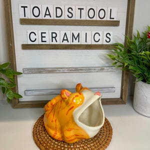 May include: An orange and white ceramic cat-shaped planter with red stripes, sitting on a woven mat. The planter has an open mouth and is displayed in front of a sign that reads "TOADSTOOL CERAMICS."