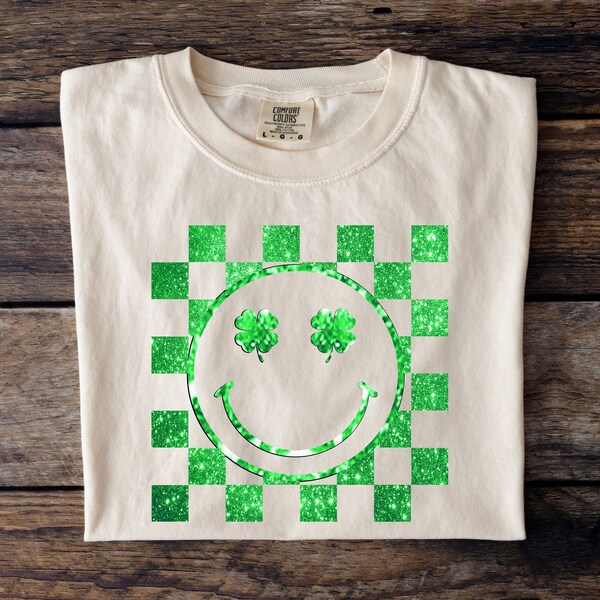 St Patrick’s Day PNG Sparkly Smiley Face PNG St Patrick’s Day Shirt Design Sparkly Shamrock Green Clover