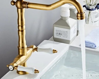 Gold Kupfer Wasserhahn Messing Groß I 360 Grad drehbar I Waschbecken Küche Bad I Zweihandmischer heiß und kalt Wasserhahn I Faucet Kitchen