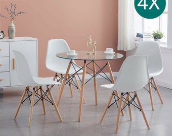 Modernes Esszimmerstuhl Set, weich gepolsterter Stuhl mit Holzbeinen, Kunststoffstuhl für Küche, Schlafzimmer, Wohnzimmer - 4er-Set, weiß