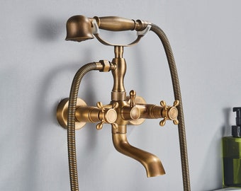 Retro Badewanne Dusche Wasserhahn mit Griff Handbrause Kupfer Gold  I Kupfer Telefon Duschset I heiß und kalt Wasserhahn Bad Rustikal