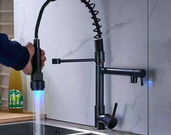 LED-Licht Küchenarmatur mit Doppelauslauf schwarz, schwenkbarer Auslauf I Hochwertige Handbrause für die Küche I Kitchen Faucet black