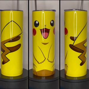 May include: A yellow stainless steel tumbler featuring a graphic of Pikachu, a popular Pokemon character. The tumbler comes with a straw and a lid.