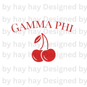Peut inclure: Graphique de cerises rouges avec le texte "GAMMA PHI" en police incurvée. Le motif est répété avec le texte "Designed by hay hay" en gris clair sur fond blanc. L'image est un logo ou un emblème.