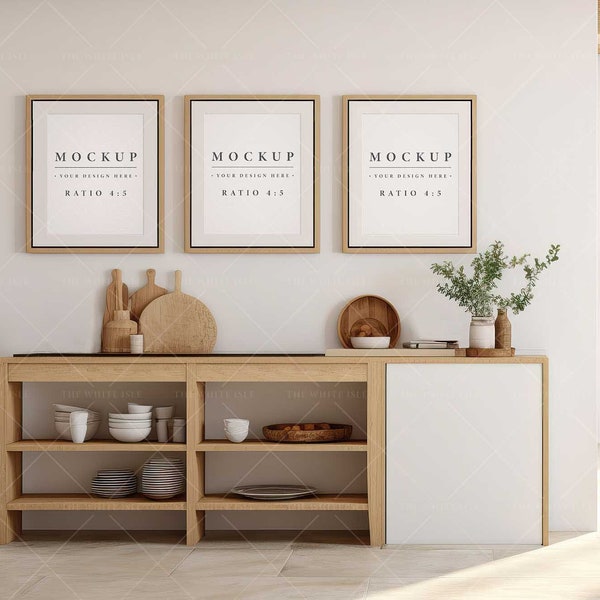 Kitchen Mockup, Frame Mockup, Modern Scandi Interior, Kitchen Countertop, Natural Wood, Picture Mockup, White and Beige, Wall Art Mockup
