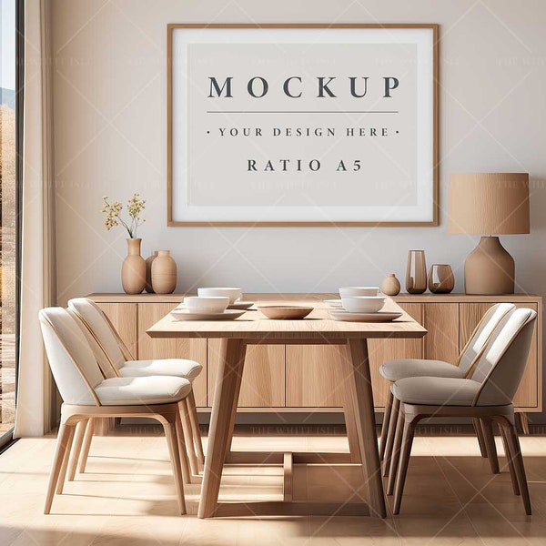 Dining Room Mockup, Art Frame Mockup, Mid Century Modern, Landscape Picture Frame Mockup, Natural Wood, Scandi Interior, Modern Interior