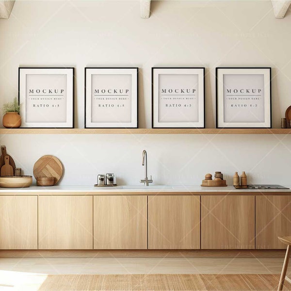 Kitchen Frame Mockup, Modern Scandi Interior, Kitchen Countertop, Scandinavian Design, Natural Wood, Picture Mockup, Wall Art Mockup, Dining