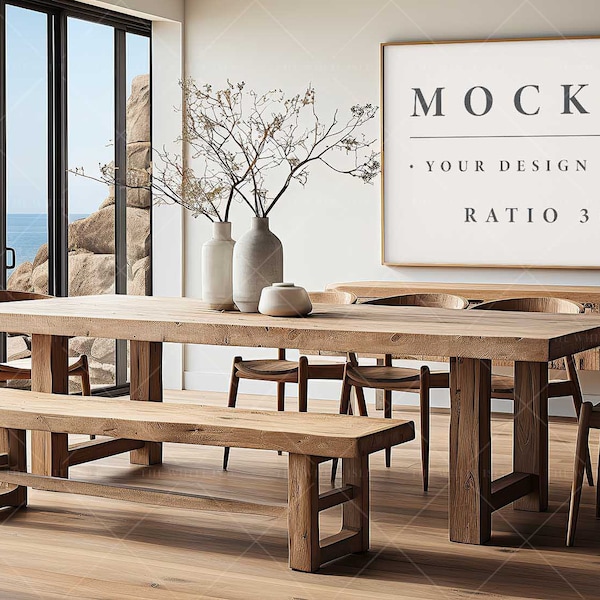 Dining Room Mockup, Frame Mockup, Coastal Beach Interior, Dining Table, Natural Wood, Picture Mockup, Beige Modern, Wall Art Mockup, Ocean