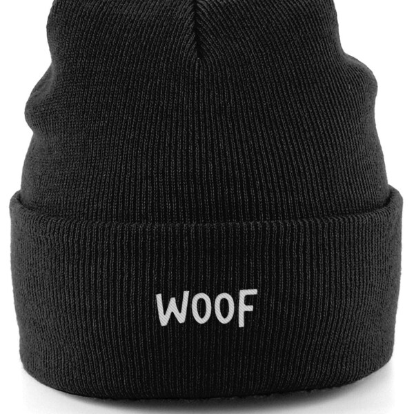 Embroidered Woof Cuffed Beanie Hat - Dog Lover Headwear - Pet Parent Winter Cap - Casual Dog-Themed Knit Hat - Cozy Outdoor Accessory