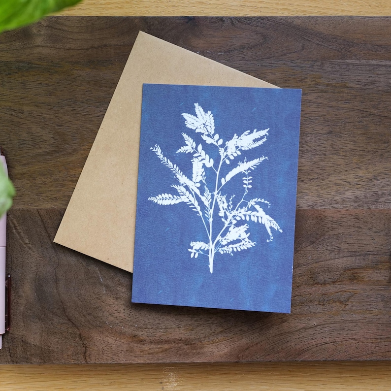 Puede incluir: Una tarjeta azul con una impresi&oacute;n bot&aacute;nica blanca de una planta con hojas y tallos. Un sobre marr&oacute;n est&aacute; detr&aacute;s de la tarjeta. La tarjeta y el sobre est&aacute;n sobre una superficie de madera oscura.