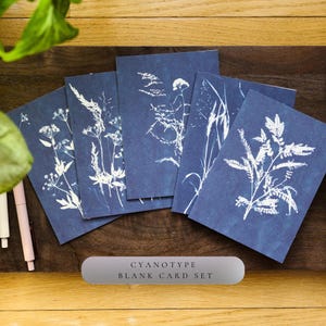 Puede incluir: Un juego de tarjetas en blanco cianotipo con dise&ntilde;os bot&aacute;nicos blancos sobre un fondo azul oscuro. Las tarjetas presentan varias ilustraciones de plantas, incluyendo helechos y flores silvestres. El texto en el juego de tarjetas dice "CYANOTYPE BLANK CARD SET."