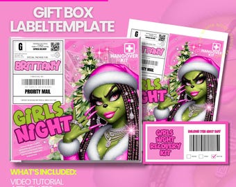 Grinchmas Girls Night Box Template, Personalized Box Label Template, Hangover Box, Night Before Christmas, Christmas Eve Box Label Template