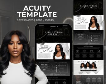 Puede incluir: Plantilla Acuity con 8 plantillas, 2000 x 1000 px, con un diseño en blanco y negro. La imagen presenta a una mujer con cabello largo y negro y una blusa blanca. El texto incluye "Luxe Layers Studio" y "Meet the Stylist Ava".