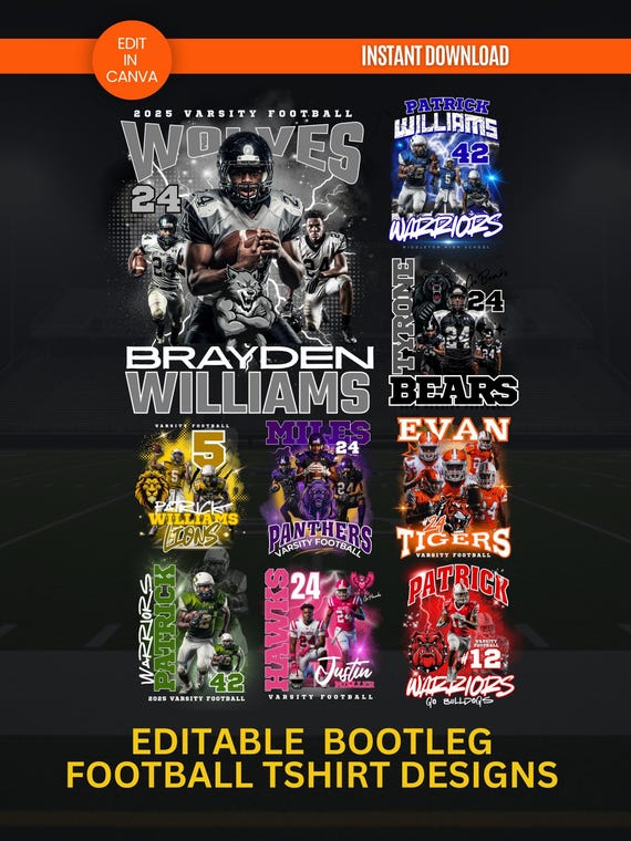 10 Editable Football T-Shirt Templates: Custom Bootleg Football Mascot Shirt Design, Homecoming and School, Canva, PNG, Sublimation, DTF