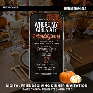 Plantilla de invitación para Acción de Gracias con amigos, cena de chicas, invitación digital editable de Canva, fiesta de Acción de Gracias de otoño, plantilla de itinerario de otoño