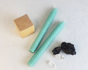 Pair of Seafoam Green Beeswax Taper Candles / 8” tall hand-rolled candlesticks / clean burning natural wax