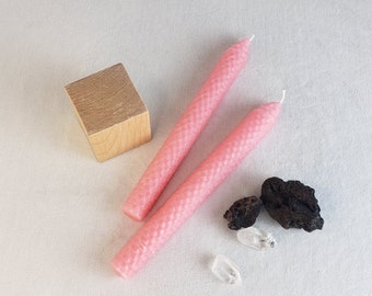 Pair of Carnation Pink Beeswax Taper Candles / 8” tall hand-rolled candlesticks / clean burning natural wax