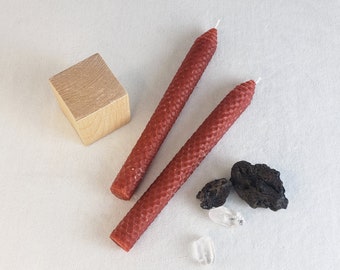 Pair of Brick Red Beeswax Taper Candles / 8” tall hand-rolled candlesticks / clean burning natural wax