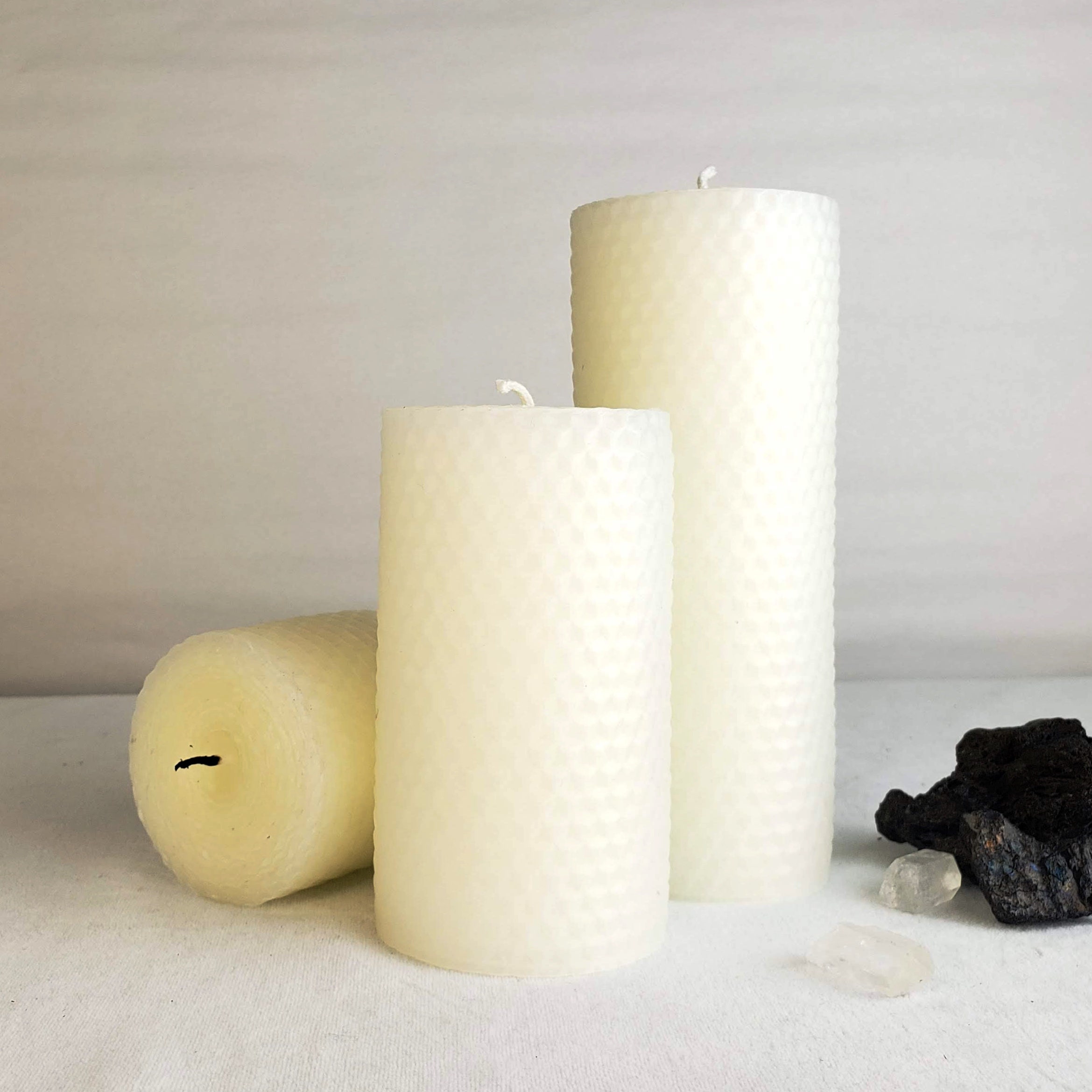 Ivory White Beeswax Pillar Candle, Hand-Rolled Honeycomb Design