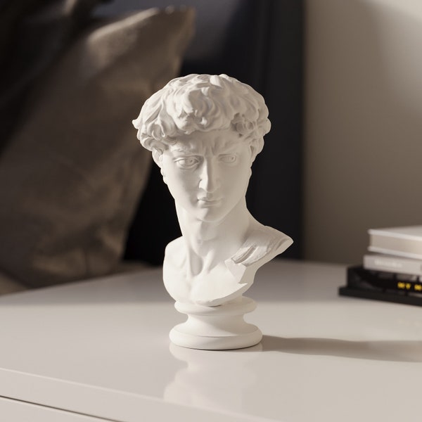 Sculpture Bust Head of David 6Inch, Plaster Replica by artist Michelangelo, HandMade Gipsum Copy