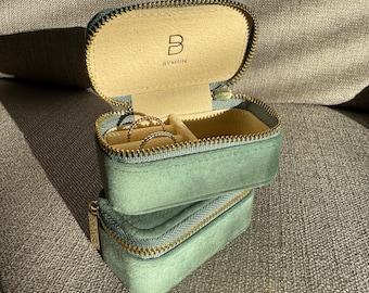 Mini Travel Jewelry Box in Sage Green | Gifts for Plant Lovers | Premium Italian Velvet | Portable Jewelry Case with Zipper | Secret Santa